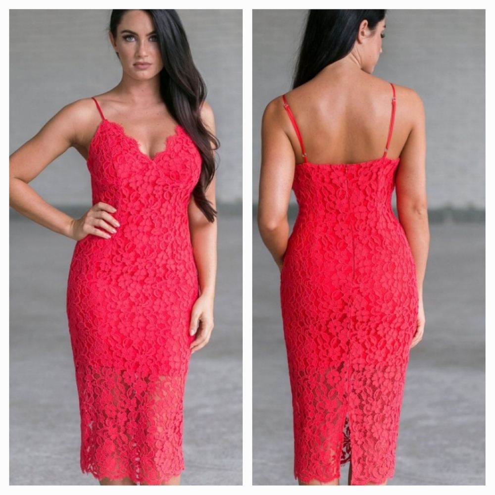 L'ATISTE Red Lace Midi Dress